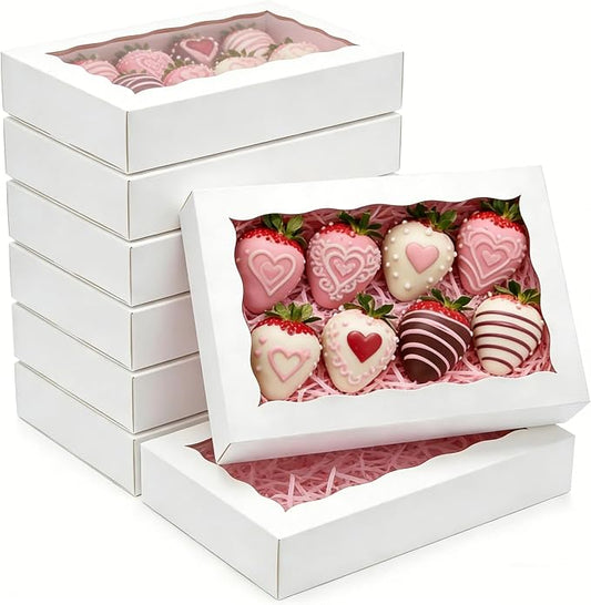 50pcs 8x5x2 Inch Cookie Boxes Bakery Boxes with window Chocolate Covered Strawberries Box Treat Box for Macaroon Dessert Pastry Muffins-White