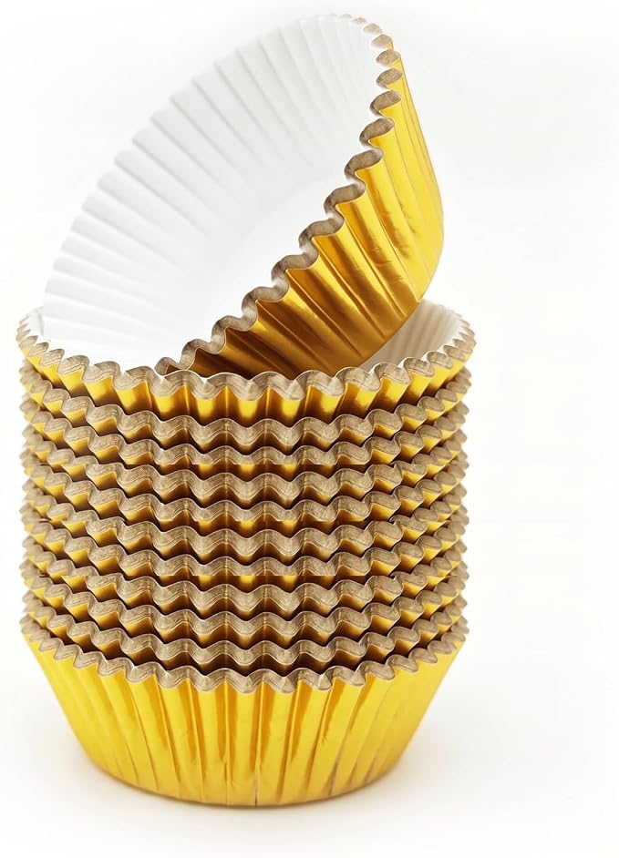 100 Gold Foil Cupcake Liners, Muffin Liners or Baking Cups for Desserts, Muffins, Cupcakes and More Treats; Grease Proof, No Smell, Food Grade, Nut Serving Containers (Gold 100)
