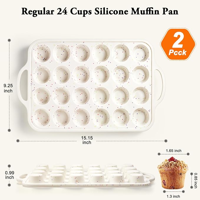 2 Pack Silicone Muffin Pans with Metal Reinforced Frame Regular 24 Cups Cupcake Pan with Handle Nonstick BPA Free Muffin Molds for Baking Muffins, Cupcakes, Egg Bites, Oven Dishwasher Safe