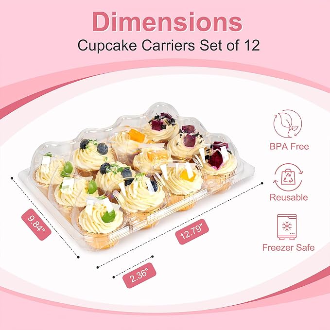 12 Count x 25 Sets Cupcake Carrier With 300 Pack Liners, Stackable Plastic Cupcake Containers Boxes Holder with Tall Dome Lid, Disposable Cupcake Storage Trays