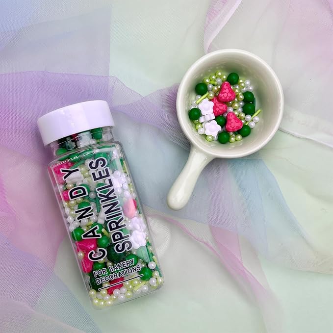 ST Patricks Day Green Sprinkles for Cake Decorating, Spring Sprinkles Mix with Strawberry Pearl Jimmies Flower for Ice Cream Cupcakes Baking Cookies Cake Topping