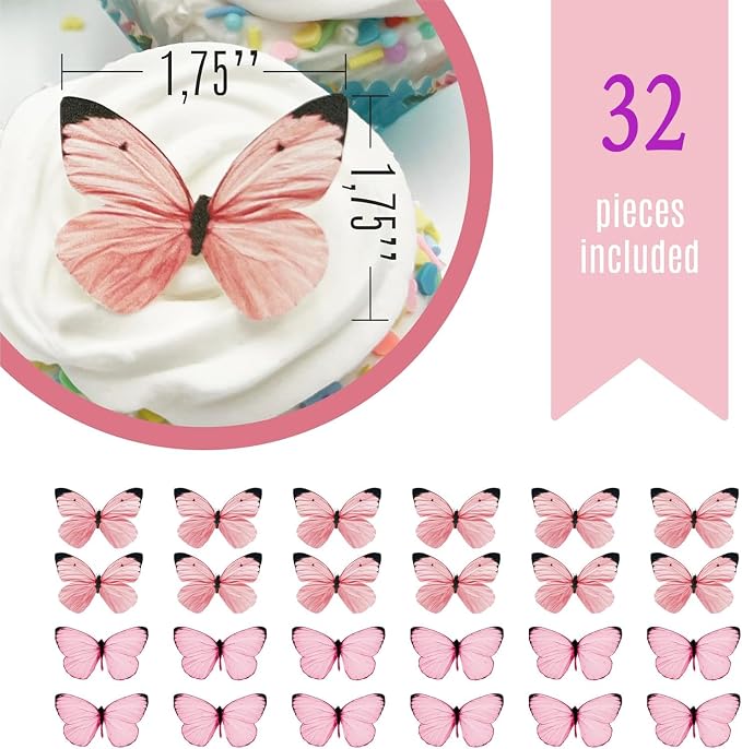Sugar Robot Edible Butterflies for Cake Decorating - 32 Small Pastel Pink Butterfly Cake Toppers and Cupcake Toppers - Decoration Made in the USA - Premium Crafted (Pink 32)