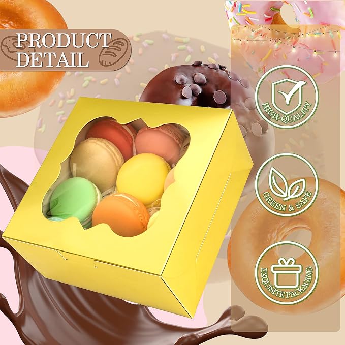 KPOSIYA 65PCS Bakery Boxes with Window 6x6x3 Inches 5 Style Cookie Boxes Small Pastry Boxes for Candy, Dessert, Pastry, Donuts, Birthday Party, Wedding(Gold)