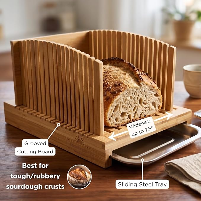 Bamboo Bread Slicer Guide - 7.5" Width Adjustable Sourdough Cutting Board | Premium Bamboo Board with 3 Slicing Thickness | Adjustable Width Slots | Custom Brush & Steel Tray | Knife not included