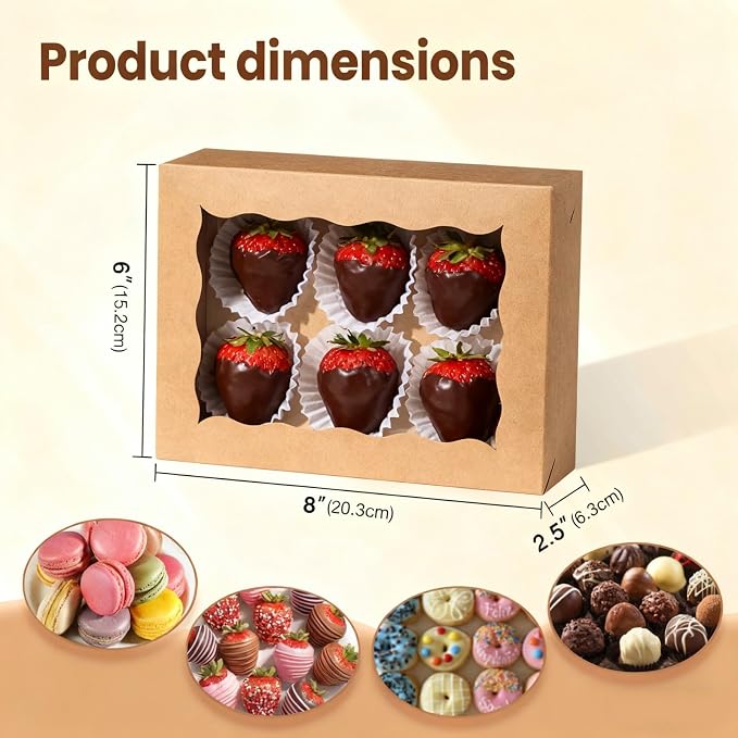 8x6x2.5 Inch 50PCS Baking Boxes with Window for Pastry,Treat,Macaron,Dount,Cookies,Chocolate Covered Strawberries,Brown Bakery Boxes Strawberry Boxes,Muffins