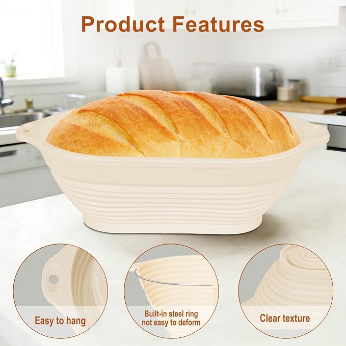 4 Pcs Upgraded Silicone Banneton Bread Proofing Basket with Handles - Reinforced Rim Support, 10" Oval Foldable Bowls for Sourdough Bread Baking, Oven & Dishwasher Safe-BPA Free