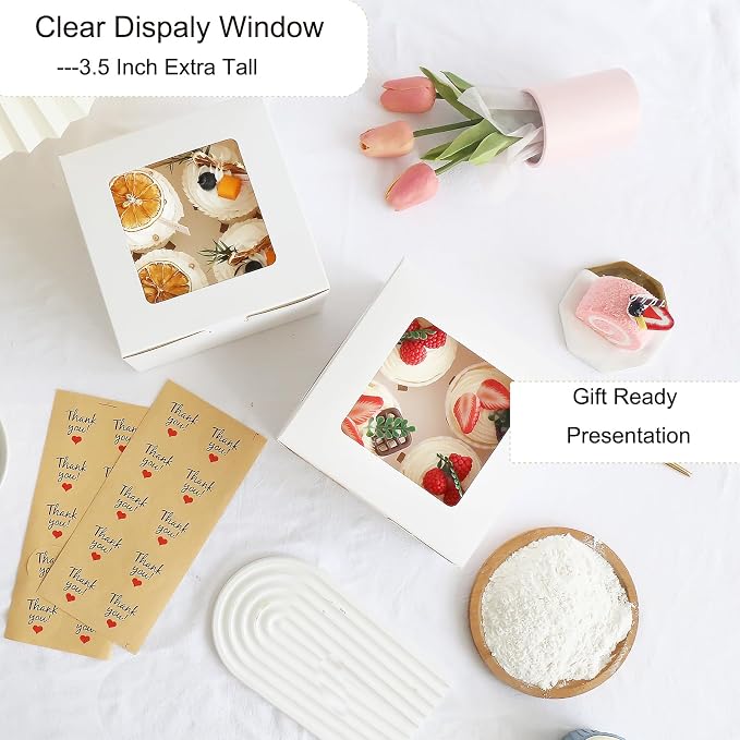 HUFElI 3.5 Inch Extra Tall Cupcake Boxes 4 Count with Window, Bakery Boxes, Food Grade Muffin Container，Treat Boxes for Cookies，Candies，Mini Cakes & Baked Goods - 6.3x6.3x3.5 inch, 20 Pack