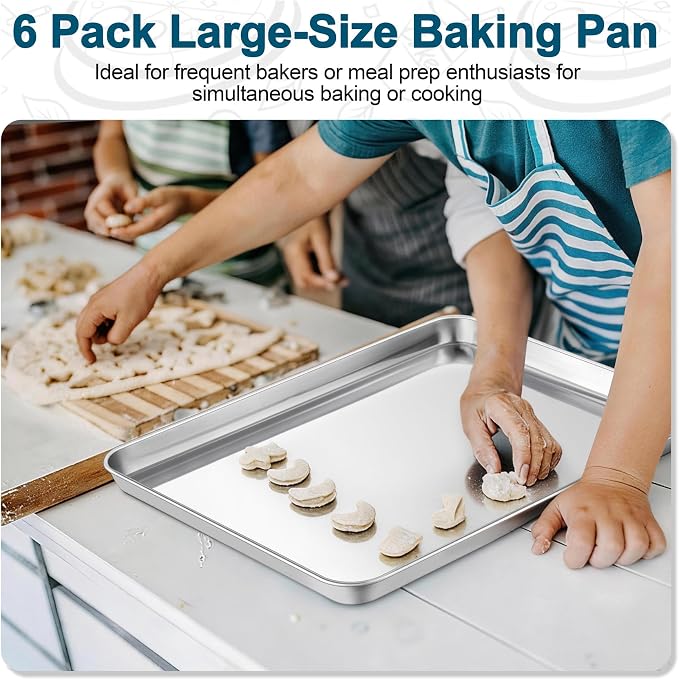 TeamFar Baking Sheet Pan, 6 Pack Stainless Steel Half Size Baking Pans Set, Metal Large Cookie Sheets for Baking/Roasting/Serving, Non-Toxic & Heavy Duty, Dishwasher Safe, 17.6” x 13” x 1”