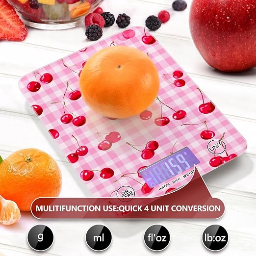 Food Scale Kitchen Scale Food Weight Scales Digital Weight Grams and Ounces Small Electronic Food Scale for Baking Cooking Pink Juicy Checkered Cherry
