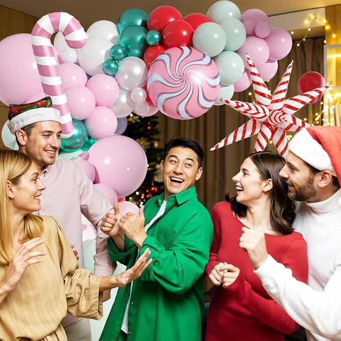 Christmas Balloon Arch, Pink Green Balloon Arch Kit, Pink White Green Red Balloons Candy Foil Star Sweet Canes Balloons For Christmas Theme Birthday Baby Shower Party Wedding Holiday Celebrations