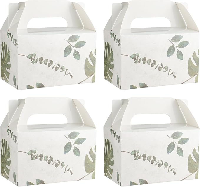 NyuOurea 10 PCS Green Leaf Gable Favor Treat Boxes, 6.5 x 4 x 4 Inches Gift Box with Handle, Goodie Boxes for Candy, Cookie, Tea, Spring Picnic, Baby Shower Party, Garden Wedding, Birthday, Graduation