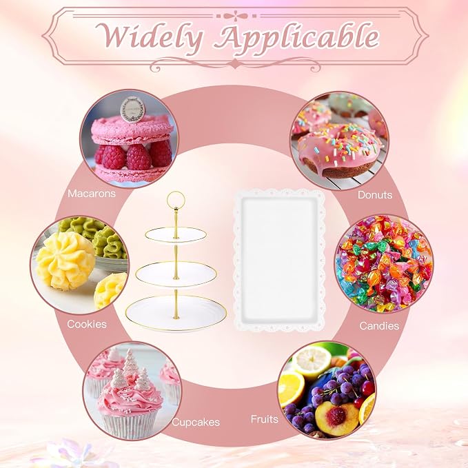 PinCute 5 Pcs Dessert Table Display Set - 2 X Cupcake Stand Holder/Cup Cake Tier Tower & 3 X Serving Tray Combo for Tea Party, Birthday, Baby Shower (Round)