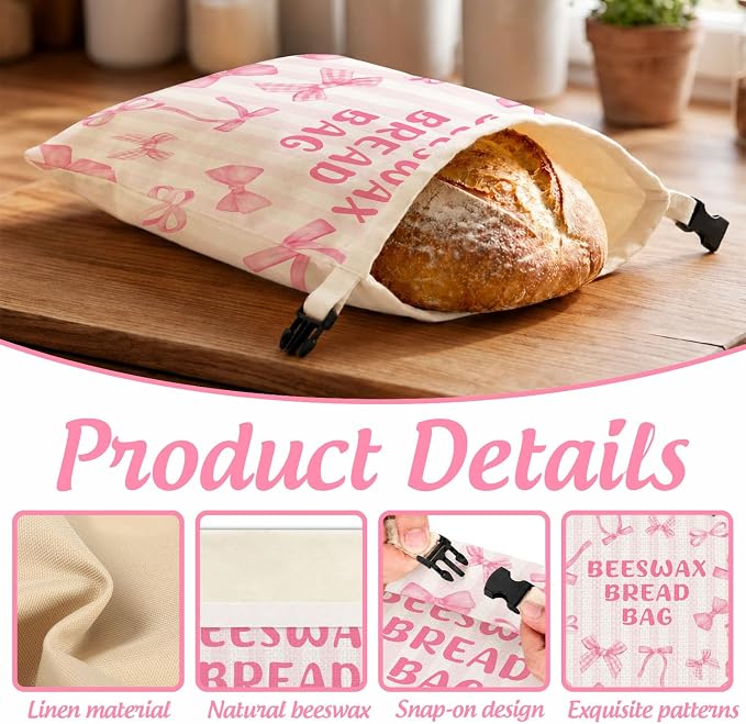 2 Pack Beeswax Bread Bag for Homemade Bread, Reusable Natural Beeswax Storage Bag, Pink Bow Decoration, Reusable Linen, Food Storage Cloth Bag with Buckle, Home Portable Supplies 13 * 17IN