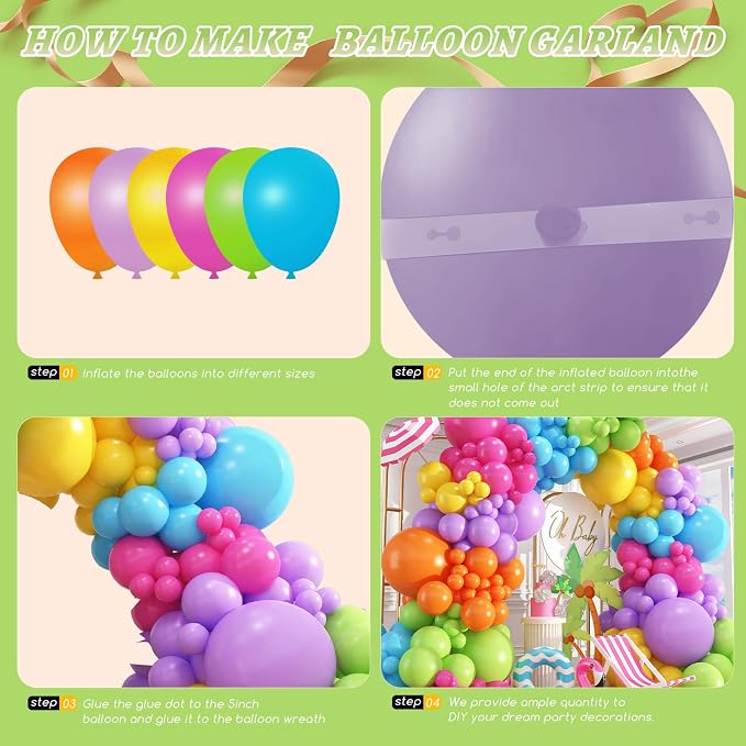 412pcs Summer Tropical Balloon Arch Garland Kit, Different Sizes 18 12 10 5inch Rainbow Hot Pink Green Orange Blue Purple Balloons for Hawaiian Luau Aloha Baby Shower Birthday Party Decorations