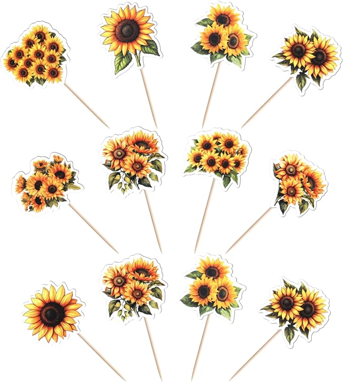 36 Pack Sunflower Cupcake Topper Double Sided Sunflower Cupcake Picks Decoration for Spring Summer Flower Theme Baby Shower Wedding Birthday Party Cake Decorations Supplies
