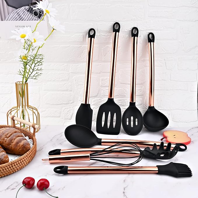 1pc Black & Copper Silicone Slotted Spoons Cooking Large Serving Spoon, Heat Resistant Cooking Utensils for Kitchen Cooking Baking Stirring Mixing Tools