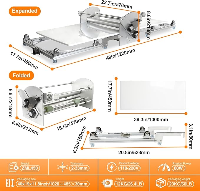 22.7'' Electric Dough Sheeter - 2-30mm Adjustable Thickness Dough Roller Machine, Stainless Steel Dough Laminator for Croissant, Pie, Puff Pastry (Home & Commercial Use) 1i3