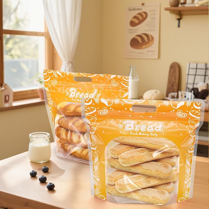 100 Pieces Plastic Bread Bags, 12.6'' x 10.6'' x 4.3'' Zippered Sourdough Bag with Clear Window Handle, Reusable Bakery Fresh Keeper Toast Packaging Holder for Homemade Bread, Cookies