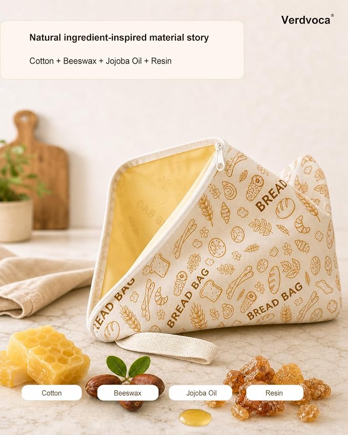 Beeswax Bread Bags for Sourdough, 2 Pack XL Reusable Organic Cotton Bread Storage Bags with Zipper, Natural Bees Wax Bread Bag for Homemade Bread, Freezer Friendly Food Storage, Keep Fresh