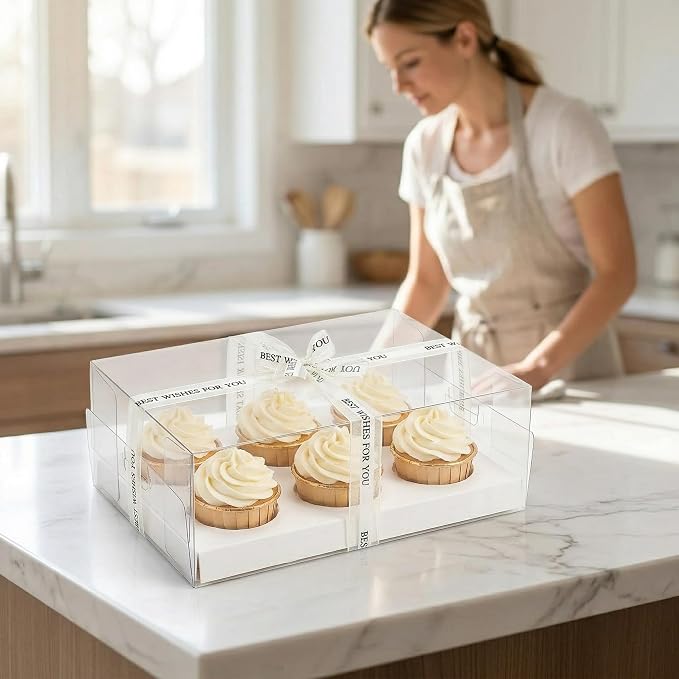 Cedilis 15 Pack Clear Cupcake Boxes, 6 Count Cupcake Containers with Gift Ribbon, Plastic Cupcake Carrier Holder for Treat Dessert Cookies Muffins Pastry Baby Shower Party