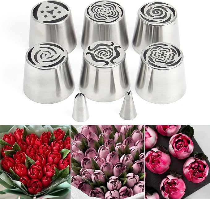 10Pcs Extra Large Russian Piping Tips Set, Stainless Steel Rose Flower Nozzles for Cake Decorating, Includes 6 Extra Large Flower Tips, 2 Leaf Tips, 2 Cloth Piping Bags, Baking Tools