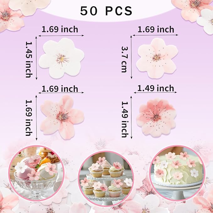 50 Pcs Edible Cherry Blossoms Cake Decorations, Edible Cherry Blossom Cupcake Toppers Rice Paper Flower Cake Toppers for Birthday Baby Shower Party Decorations Supplies Pink