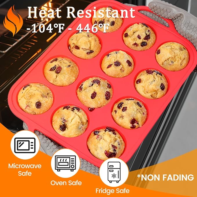 CAKETIME Silicone Muffin Pan, Metal Reinforced Frame Silicone Cupcake Pan Regular Size 12 Cups Nonstick Muffin Tins for Baking Easy to Move 2 Pack Red