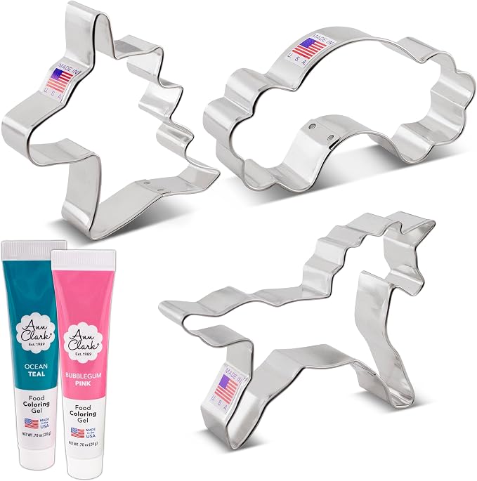 Ann Clark Unicorn Cookie Cutters and Decorating 5-Pc. Set - Made in USA With Head, Rainbow, Pink & Ocean Teal Food Coloring Gel