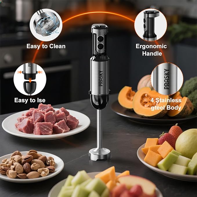 Immersion Blender Handheld 1200W, 20-speeds Immersion Hand Blenders, Hand Mixer with Mining Beaker,Chopper,Whisk, Frother and Stick Blender Suitable for Kitchen, Protein Shakes and Baby Food (Silver)