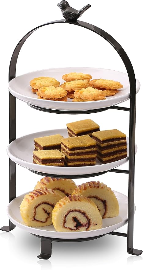 SparkWorks 3 Tiered Cake Stand, Tea Party Serving Platter, Dessert and Cupcake Stand, Metal Tiered Serving Stand Includes Three Premium White Stoneware Plates