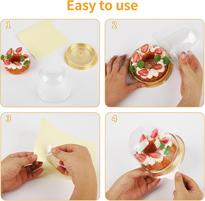 Hewnda 50 Sets Cake Box - Internal Size Diameter 4-3/8 Inch X Height 4-1/8 Inch Clear Plastic Dome Carrier - Single Cake Container Carry Reinforcement Stickers (Gold)