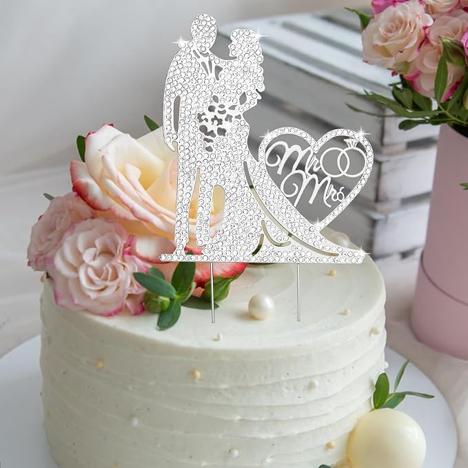 Jaciya Wedding Cake Topper Rhinestone Mr and Mrs Cake Topper Bride and Groom Bridal Shower Party Metal Silver Wedding Decorations Supplies