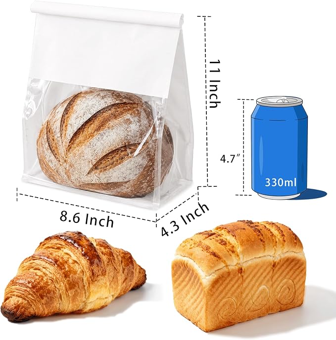 50 Pcs 8.6 Inch Bread Bags with Tin Tie, Large Loaf Bags Made Of White Cotton Paper, Storage Packing Bag with Clear Window for Bakery, Cafe, Homemade Bread