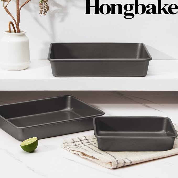 HONGBAKE Deep Baking Pans Set for Oven, Nonstick Rectangle Sheet Cake Baking Pans, 13/11/9 Inch Rectangular Oven Tray for Cooking Brownie Lasagna, Stackable Multi-Depth Bakeware, Black