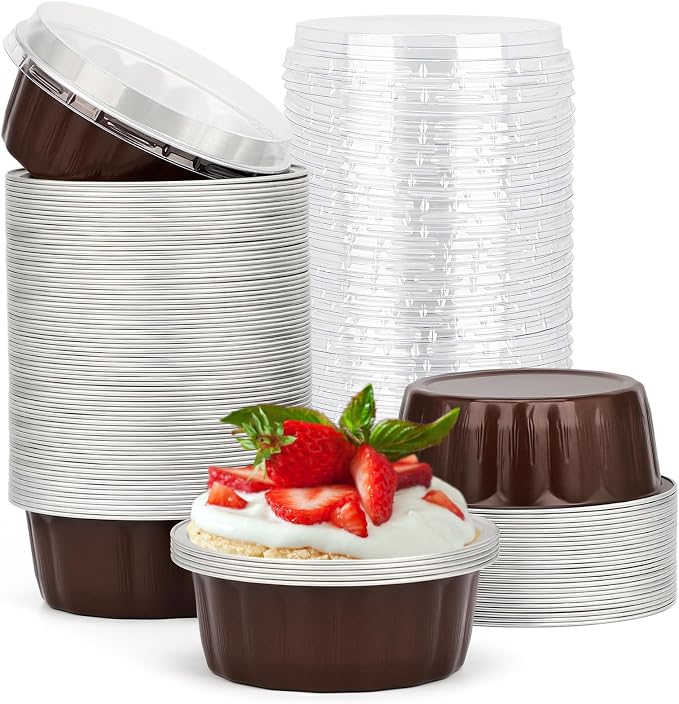 Beasea 8oz Disposable Ramekins, 100 Pack Aluminum Foil Cups with Lids, Baking Ramekin Cup Souffle Cup Muffin Cupcake Baking Cup Mini Pudding Cups for Party Wedding Birthday - Coffee Brown
