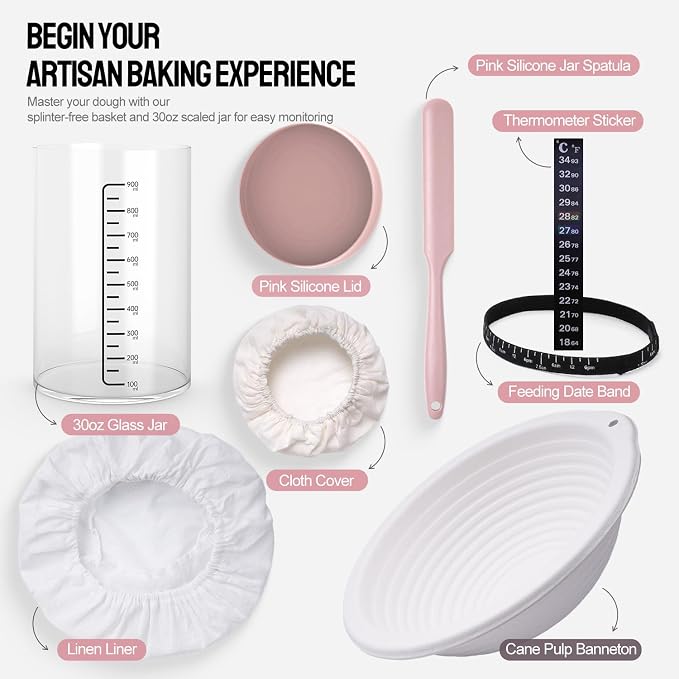 Sourdough Starter Kit, 9" Proofing Basket with 30oz Jar & Pink Silicone Lid | 9" Wood Pulp Banneton Bread Basket Reduces Sticking, 30oz Glass Jar with Lid Keeps Fresh, For Home Baking, Beginners & Pros