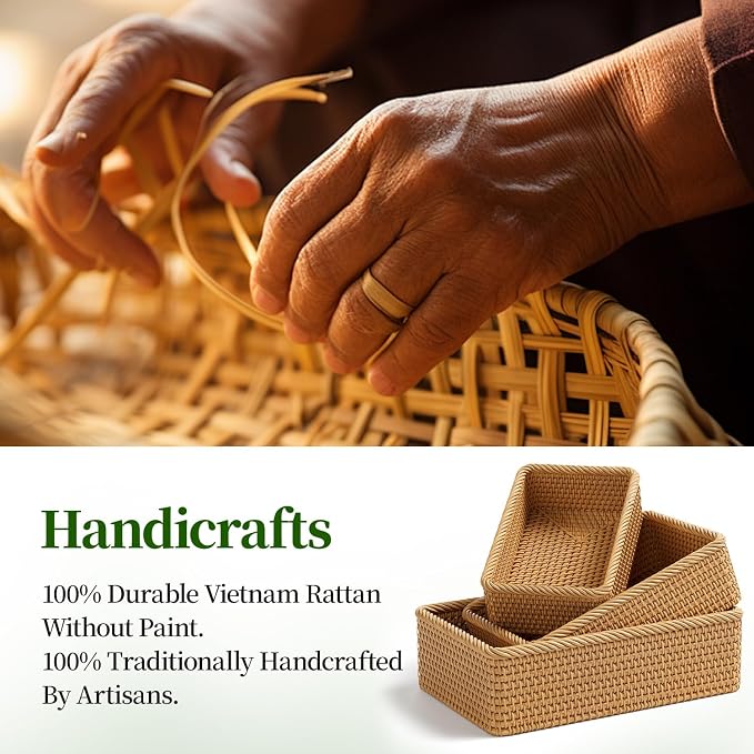 Rattan Storage Basket, 3 Pack Hand Woven Rectangular Fruit Baskets for Serving, Picnic Basket, Wicker Storage for the Living Room Kitchen (Honey Brown)