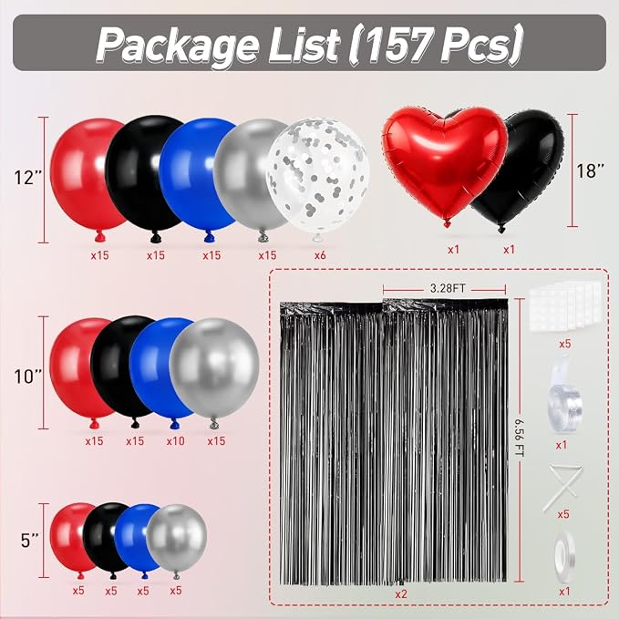 157Pcs Red Black Silver Blue Balloons Garland Arch Kit with Black Fringe Curtain Backdrop for Birthday Graduation New Year's Eve Baby Shower Party Decorations