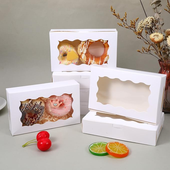 100 Pack White Bakery Boxes with Window 7x4.33x1.5 Inch Paper Treat Boxes for Cookies Macarons Chocolate Truffles Brownies Donuts Christmas Valentine Easter Party Favors