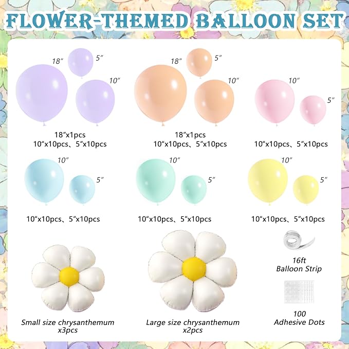Pastel Daisy Flower Balloon Arch Kit, Pastel Macaron Balloons for Boho Mothers Day Spring Daisy Floral Theme Two Groovy Party Decorations