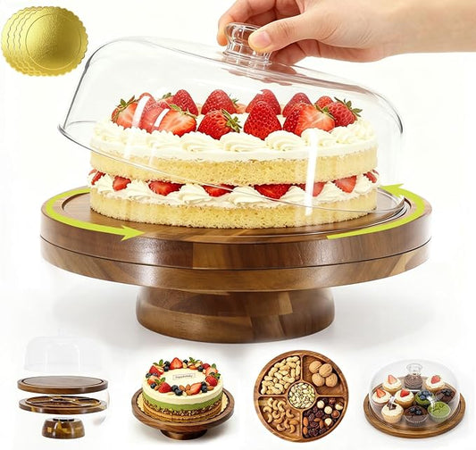 Jolitac Acacia Wood Cake Stand with Lid – 12" Wooden Rotating Cake Stand with Dome Cover, Round Cake Holder Stand with 4 Bonus Cake Sheets, Serving Tray for Cake, Cheese, Charcuterie & Parties