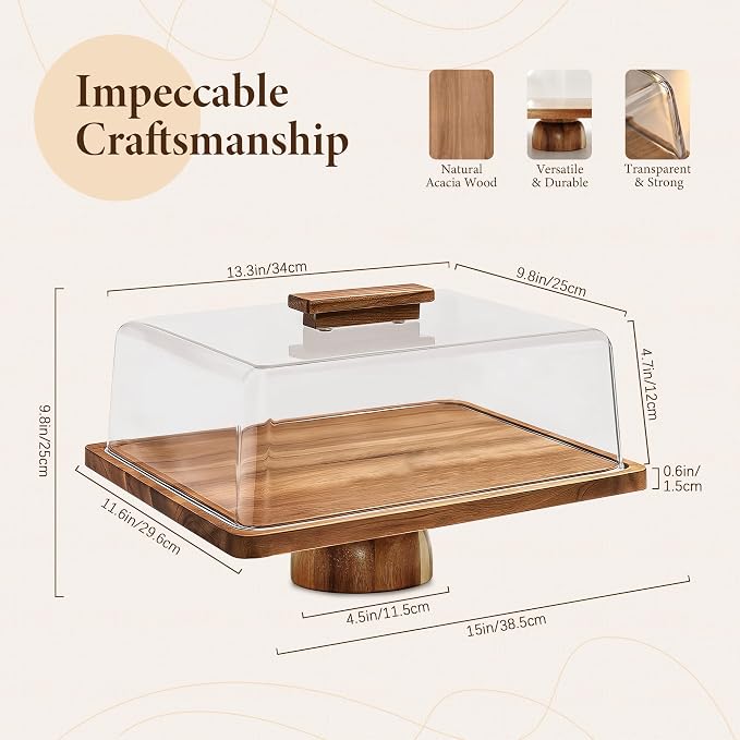 Rectangular Acacia Wood Cake Stand with Thickened Acrylic Cover | 2-in-1 Cake Stand/Charcuterie Board, 15''L*11.5"W, Stablize & Solid, Party Decorations, Gift-Ready, Fit Parties, Holiday
