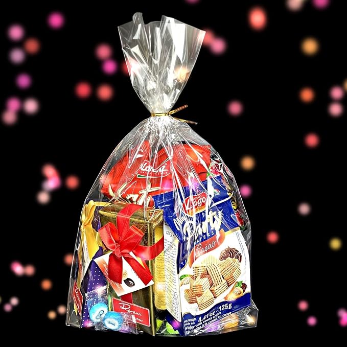 PigPotParty Cellophane Bags 12x16 Inch, 100 Pack Clear Plastic Gift Bags, Bottom Gusset for Stand-Up Display, Medium Cello Wrap for Large Goodies, Treats, Party Favors, Mugs, Includes 100 Gold Ties