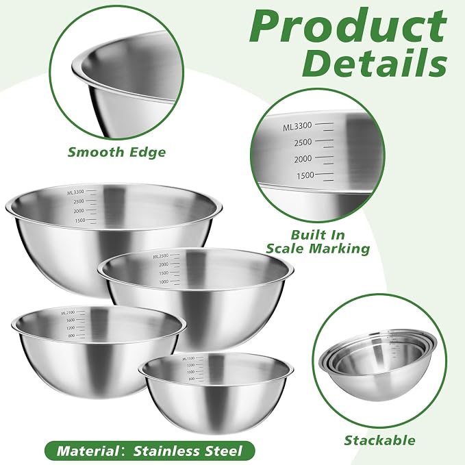 Honeydak 8 Pack Stainless Steel Mixing Bowls Set Nesting Bowls with Scale Includes 1.3, 1.7, 2.6, and 3.2 Qt Meal Prep Bowl Stainless Steel Salad Bowl Dishwasher Safe for Baking Cooking Prepping