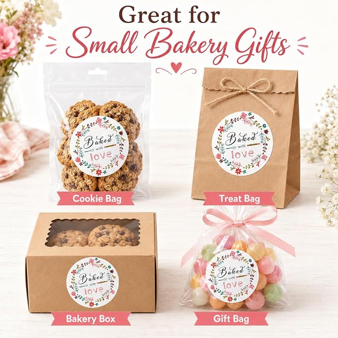 Baked with Love Bakery Sticker Seals: 120 PCS 1.6 Inch Round Matte Paper Stickers for Cookie Bags, Treat Bags, Bakery Boxes and Homemade Baked Goods Packaging