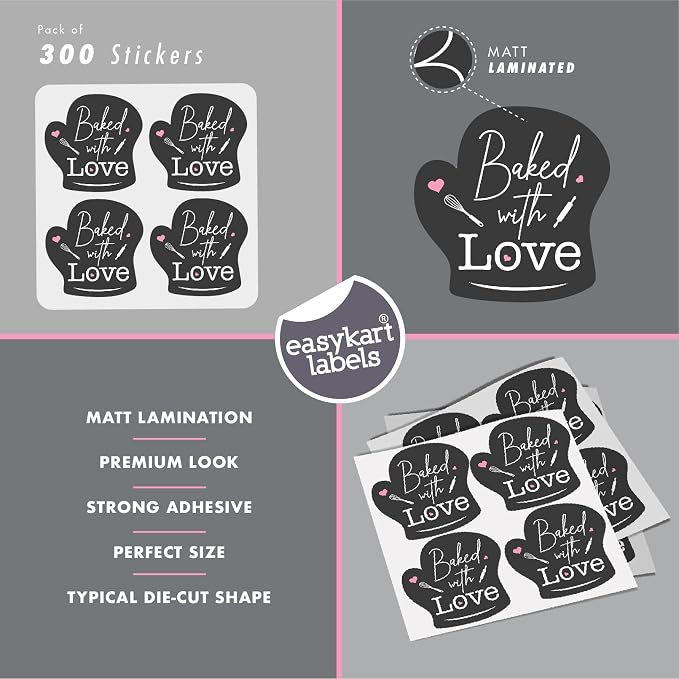 easykart labels 300 Baked with Love Stickers in Sheets, Dark Grey Color in Hand Gloves Die Cut Design | 2" x 2" Inch Size Highly Recommended for All Bakeries and Baked Products ..