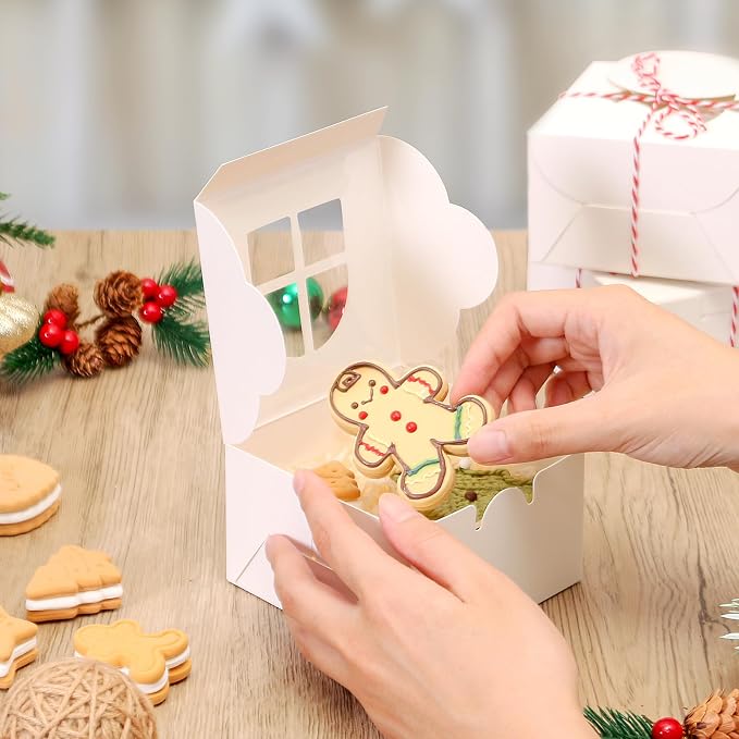 COTOPHER 30Pcs Christmas Cookie Boxes With Window, 4x4x2.5 Inch White Bakery Box for Gift Giving, Mini Cake Box for Treat Donuts Chocolate Strawberries Pastries Muffins