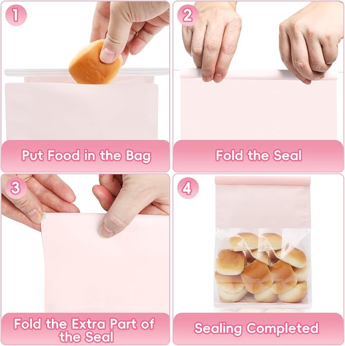 Funcoo 50 pcs Bakery Bags with Window, 6.3'' x 5.1'' x 10.2'' Bakery Cookie Bags with Tin Tie Tab Lock, Paper Bread Bags for for Homemade Bread, Popcorn, Candies, Snack, Baked Goods Packaging(Pink)