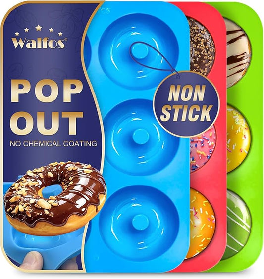 Walfos Non-Stick Donut Pan For Baking-Silicone Doughnut Mold, BPA FREE, Just Pop Out! Make Perfect Donut Cake Biscuit Bagels,Dishwasher Safe, Set of 3