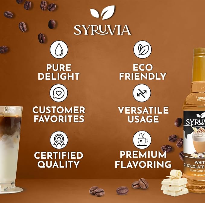 Syruvia Coffee Syrup, White Chocolate Mocha Flavored Syrup for Drinks, Lattes, and Desserts – 25.4 fl oz - with Pump